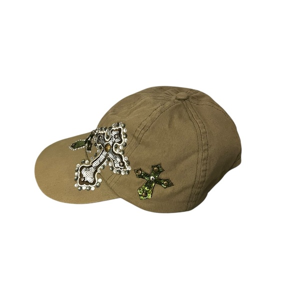 Something Special LA Embellished Sequins Rhinestones Studded Cross Khaki Cap Hat - Picture 5 of 10